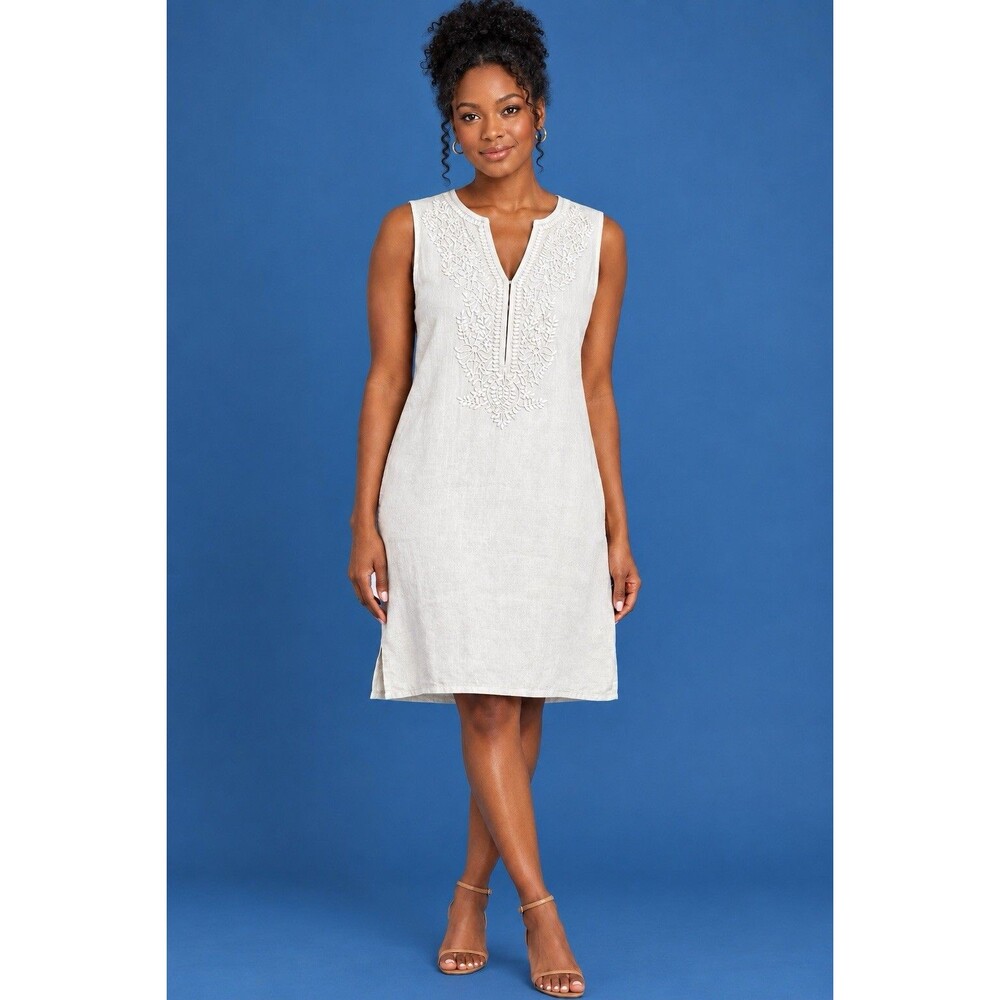 Chelsea & Theodore Embroidered 100% Linen Dress Women's Size XL Light Gray